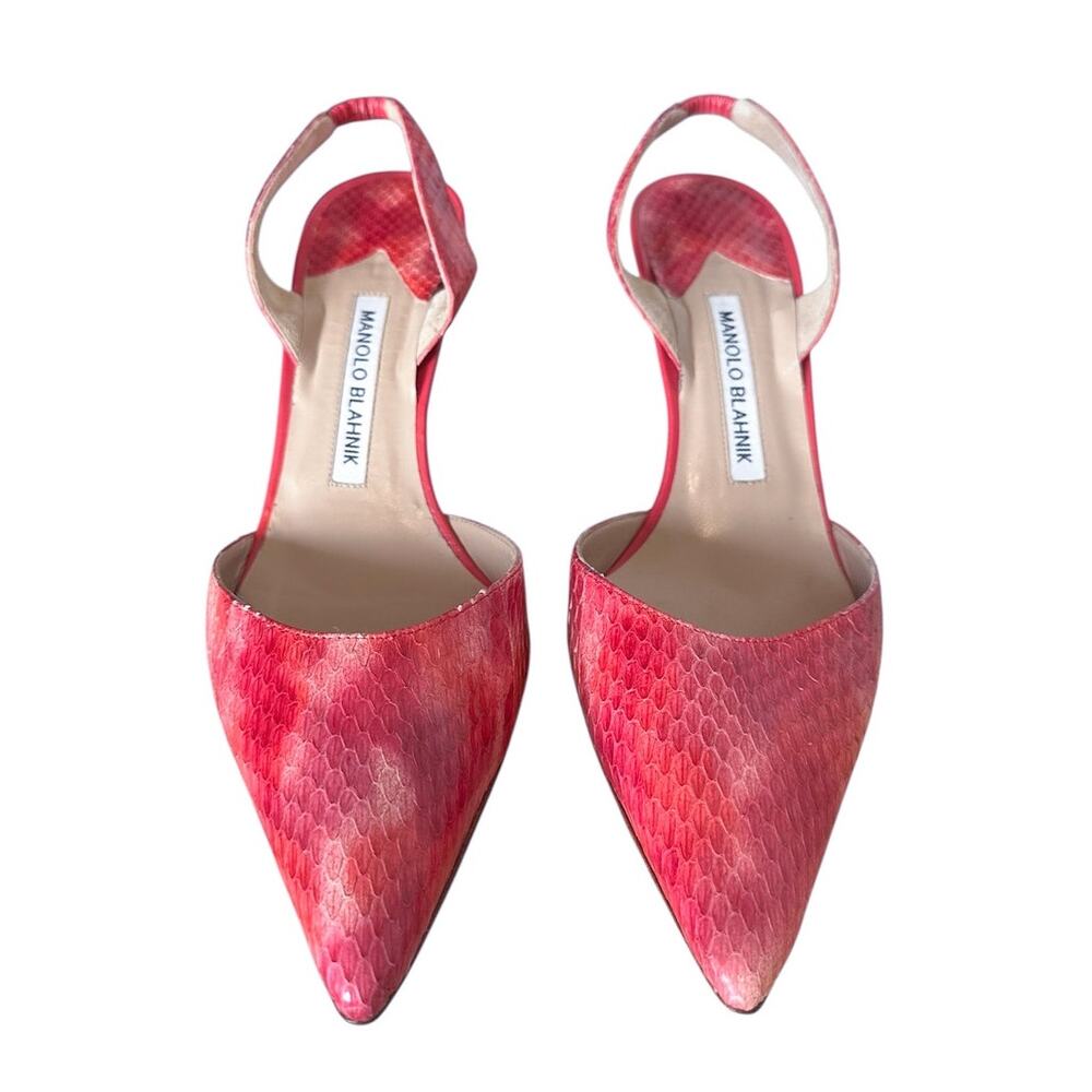 Manolo Blahnik Pink Snakeskin Leather Carolyne Slingback Pointed Toe Pump 39.5